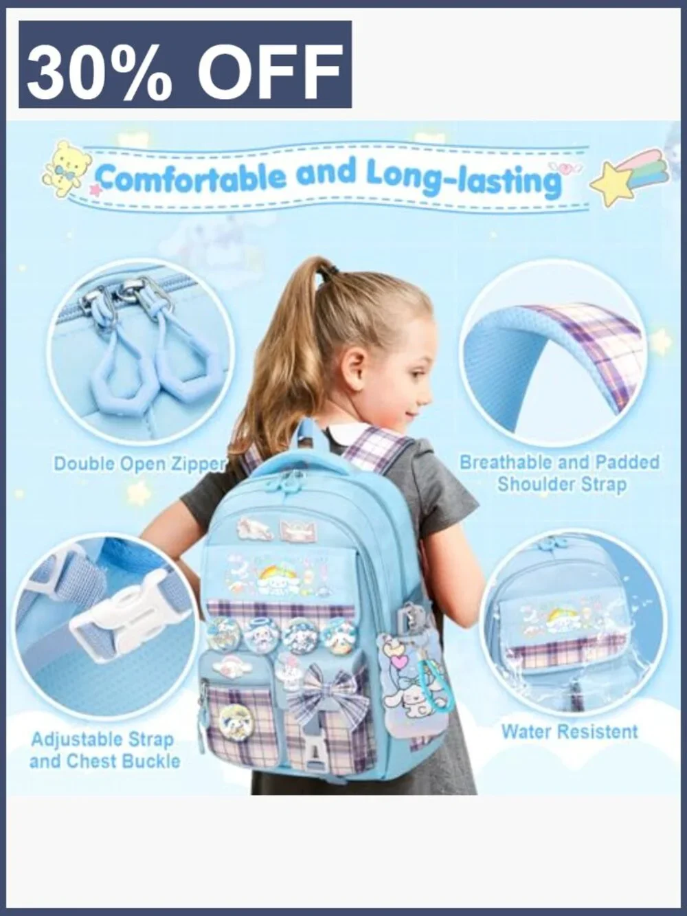 Kids Anti-Theft Backpack with 24 Accessories, Waterproof Nylon School Bag